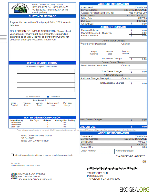 USA TAHOE CITY PUBLIC UTILITY utility bill Word and PDF template